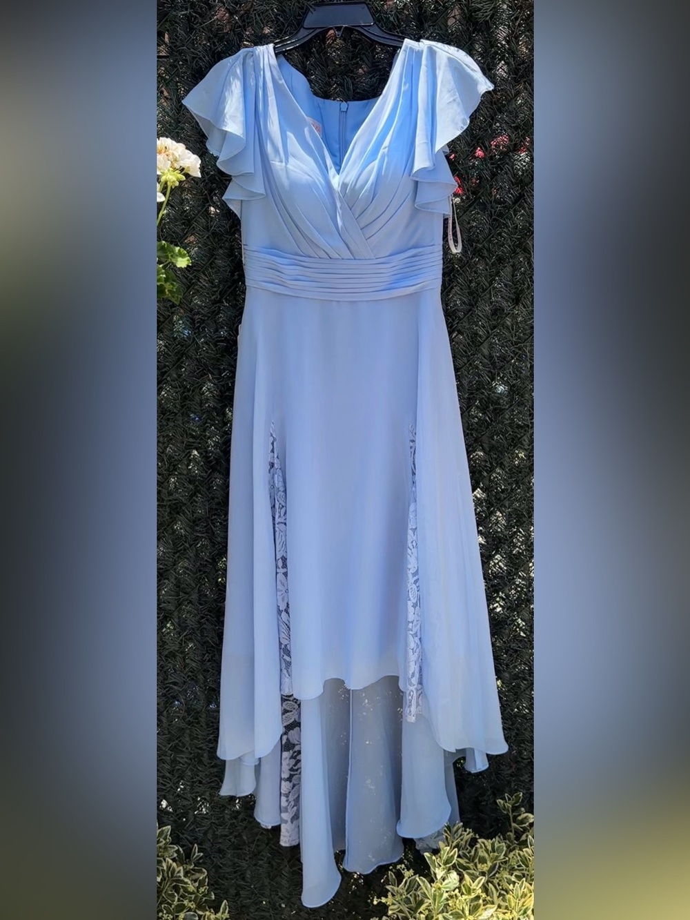 JJs House Light Blue High-Low V-Neck Ruffle Sleeve Dress